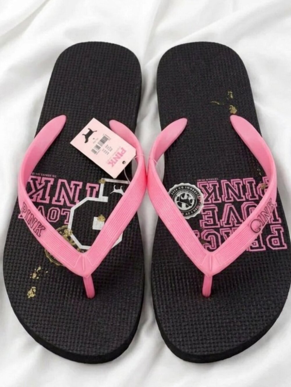 NWT Victoria's Secret PINK Y2K Black Varsity Logo Flip Flop Sandals US L/9